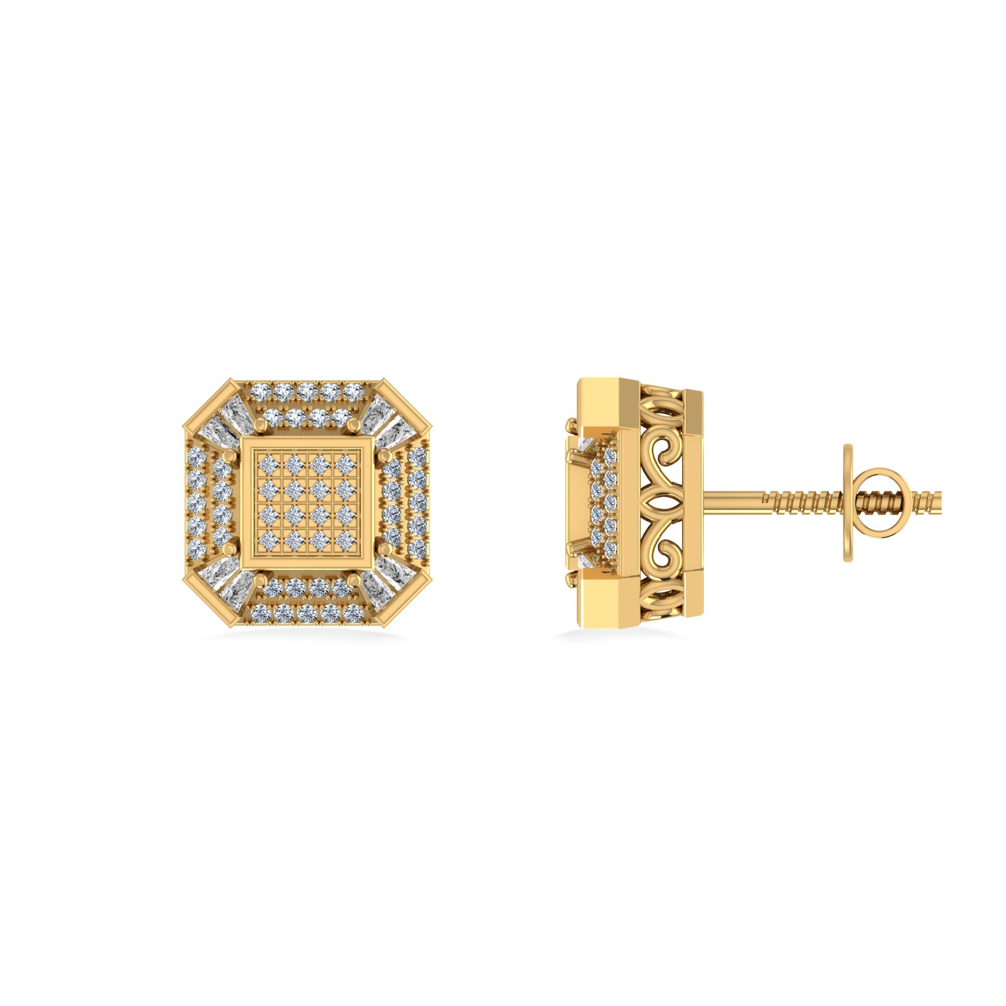 Men’s 10K Gold Stud Earrings with Baguette & Round Diamonds