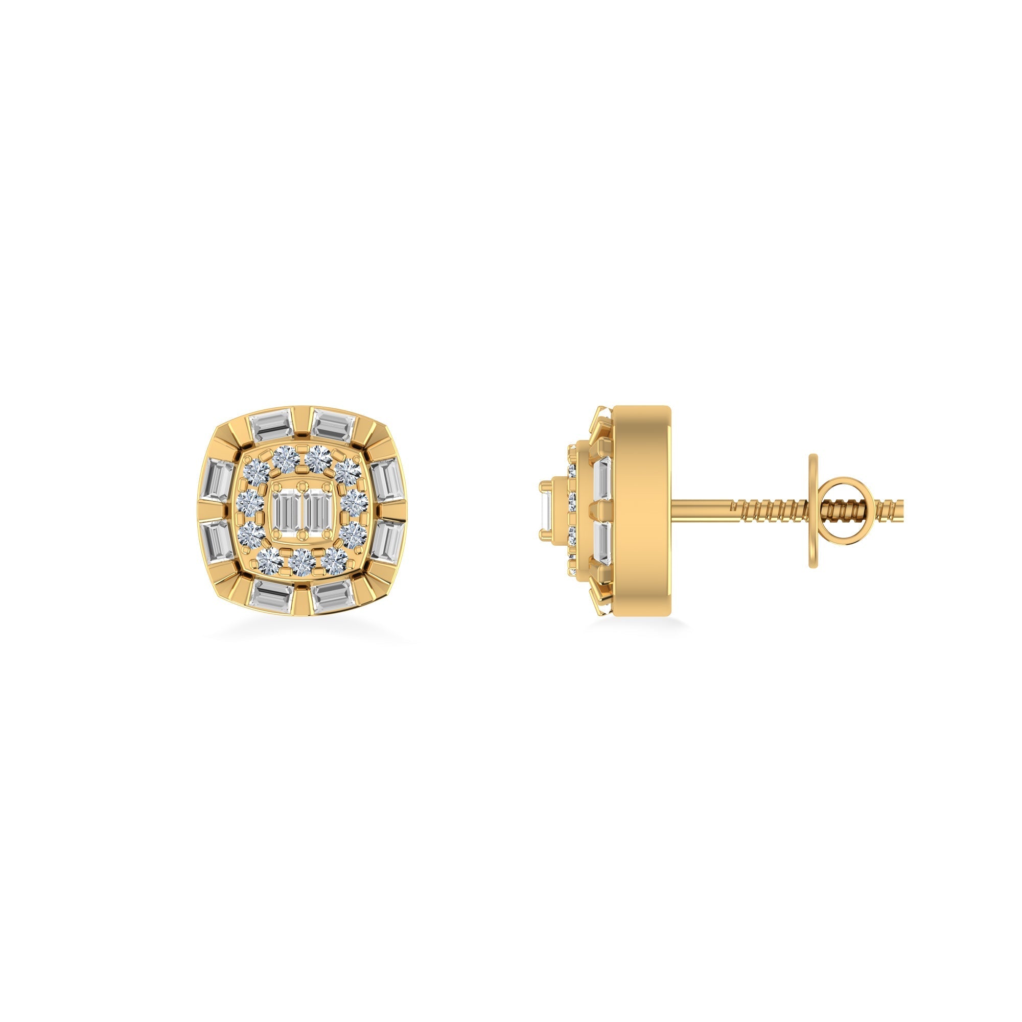 Square Diamond Stud Earrings in 10K Gold with Baguette & Round Cuts
