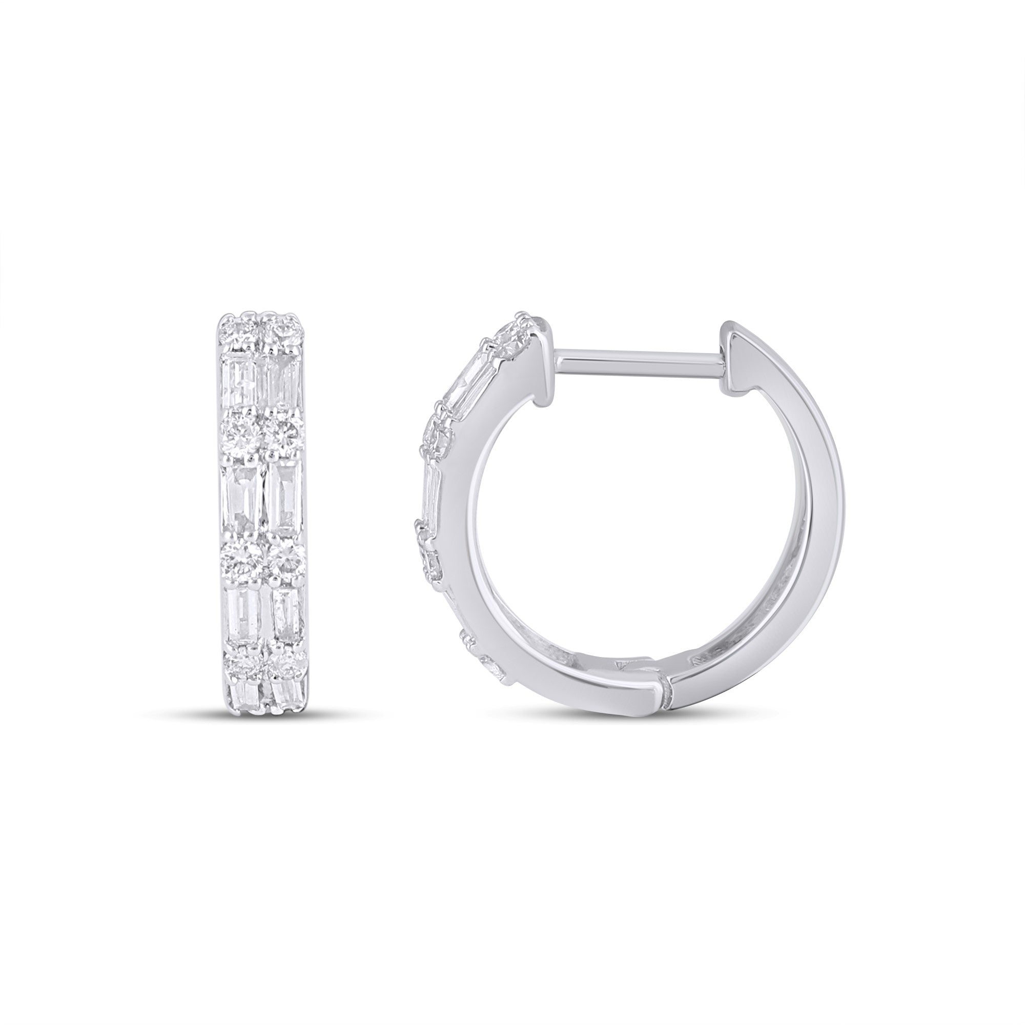 Round Baguette 10K White Gold & Diamond Hoop Earring