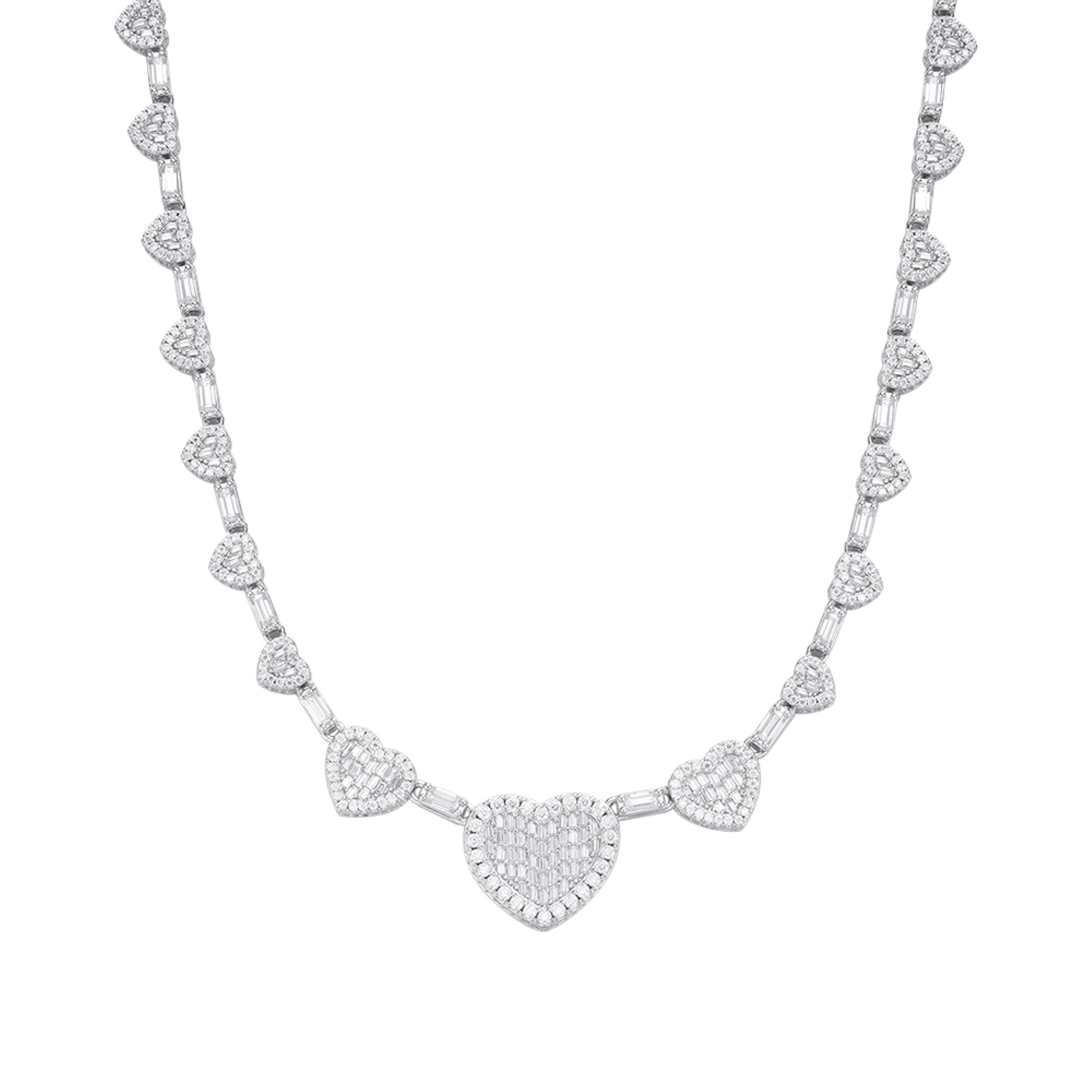 Baguette Heart Pave Moissanite 18" Necklace - 925 Sterling Silver