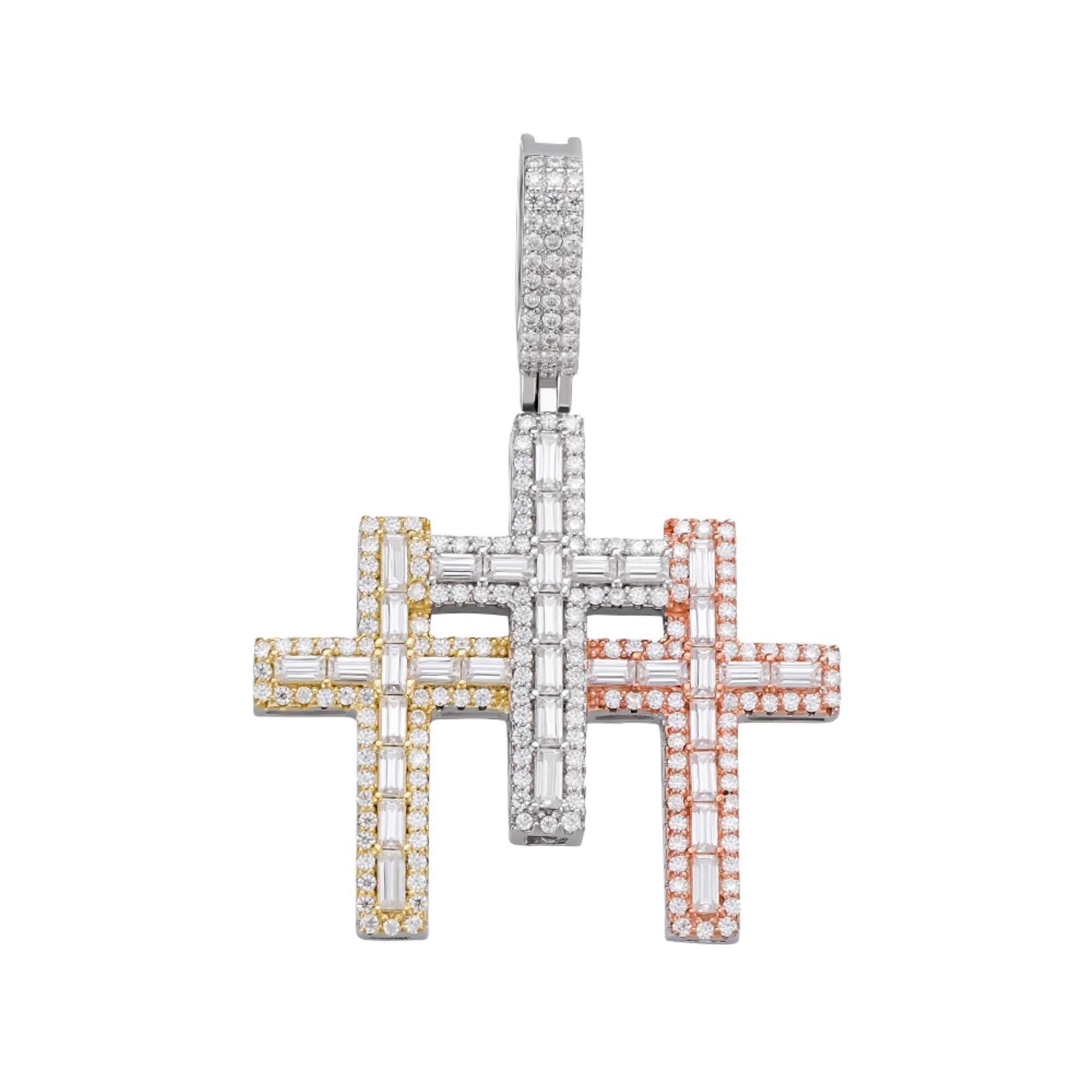 3 Cross 3 Tone Designer Moissanite Pendant - 925 Sterling Silver