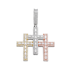 3 Cross 3 Tone Designer Moissanite Pendant - 925 Sterling Silver