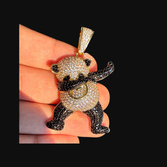 Iced Out Dancing Bear Pendant Necklace, 14K Gold Plated CZ Hip Hop Charm, Streetwear Jewelry, Free AntiTarnish Rope Chain Gift