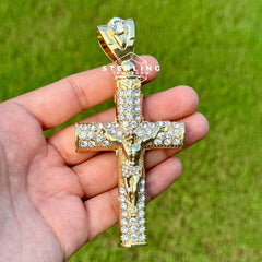 Cross with Crucifix - Large Gold Tone Iced Out Pendant