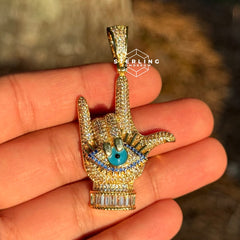 Evil Eye Hand Sign Iced Out Pendant