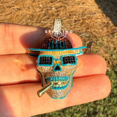 Iced Out Skull Pirate Pendant, 14k Gold Plated CZ Diamonds Glow in The Dark, Steel Rope Chain