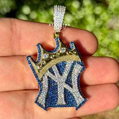 Iced Out NY Crown Pendant - Blue and Gold