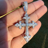 Moissanite VVS Fleur Cross Pendant 925 Silver Iced Out Free Steel Rope Chain