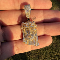 Moissanite Small Jesus Head Gold Tone + Steel Rope Chain