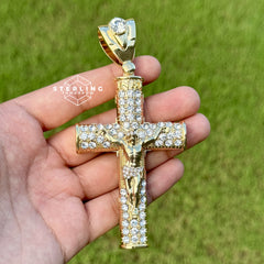 Cross with Crucifix - Large Gold Tone Iced Out Pendant
