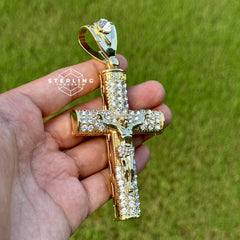 Cross with Crucifix - Large Gold Tone Iced Out Pendant