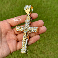 Cross with Crucifix - Large Gold Tone Iced Out Pendant