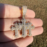 Triple Cross Gold Tone Iced Pendant + Steel Rope Chain