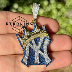 Iced Out NY Crown Pendant - Blue and Gold