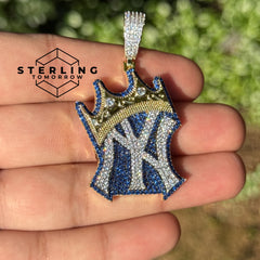 Iced Out NY Crown Pendant - Blue and Gold