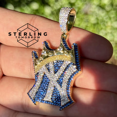 Iced Out NY Crown Pendant - Blue and Gold