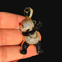 Iced Out Dancing Bear Pendant Necklace, 14K Gold Plated CZ Hip Hop Charm, Streetwear Jewelry, Free AntiTarnish Rope Chain Gift