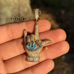 Evil Eye Hand Sign Iced Out Pendant