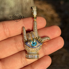 Evil Eye Hand Sign Iced Out Pendant