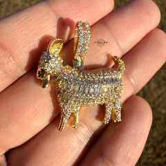Baguette Goat 14k Gold Plated Iced CZ Pendant + Free Steel Rope Chain