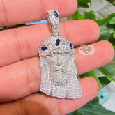 Moissanite Jesus Blue Crown 1.5" Pendant