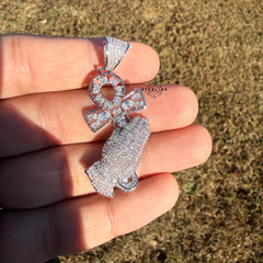 Prayer Hands Ankh Iced Pendant 14k White Gold Plated + Steel Rope Chain