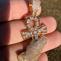 Prayer Hands Ankh Iced Pendant 14k Gold Plated + Steel Rope Chain