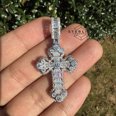Baguette Solitaire Iced Out Cross Pendant Silver Tone