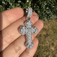 Baguette Solitaire Iced Out Cross Pendant Silver Tone