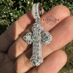 Baguette Solitaire Iced Out Cross Pendant Silver Tone