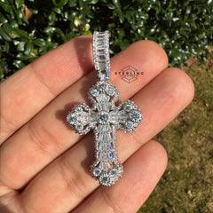 Baguette Solitaire Iced Out Cross Pendant Silver Tone