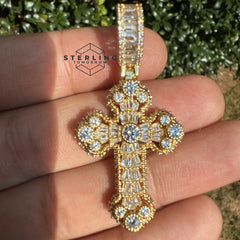 Baguette Solitaire Iced Out Cross Pendant Gold Tone