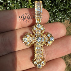 Cross Pendant 14K Gold Plated CZ Diamond Baguette Cross Hip Hop Chain Bling Necklace Mens Religious Jewelry Anti Tarnish Rope Chain No Green