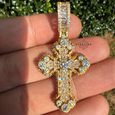 Baguette Solitaire Iced Out Cross Pendant Gold Tone