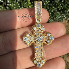 Baguette Solitaire Iced Out Cross Pendant Gold Tone