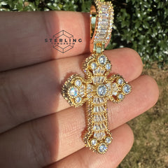 Baguette Solitaire Iced Out Cross Pendant Gold Tone