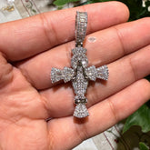 Iced Angel Cross Pendant 14K White Gold Finish