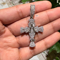 Iced Angel Cross Pendant 14K White Gold Finish