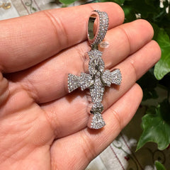 Iced Angel Cross Pendant 14K White Gold Finish