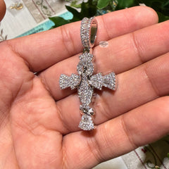 Iced Angel Cross Pendant 14K White Gold Finish