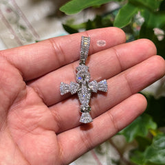 Iced Angel Cross Pendant 14K White Gold Finish