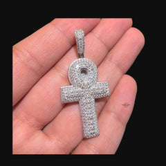 Moissanite Baguette Ankh Pendant 925 Sterling Silver Iced Out Egyptian Cross w/ Rope Chain