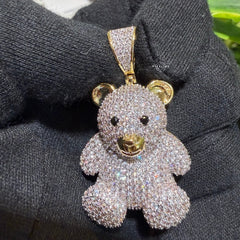 Teddy Bear Iced Out 14k Gold Plated Pendant + Steel AntiTarnish Rope Chain