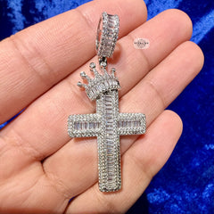 Cross with Crown Silver Iced Out Pendant