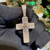 Flower Cross Iced 14K Gold Plated Pendant