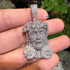 14K White Gold Plated Iced Jesus Flower Pendant