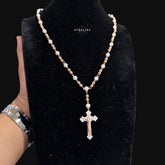 Rose Gold Two Tone Moissanite Rosary Necklace, Iced Out Snowball Bead Jesus Crucifix, 925 Sterling Silver, 22 Inch