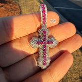 Pink 14K White Gold Plated Iced Cross Pendant
