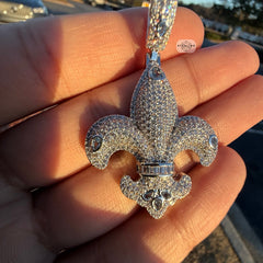 Fleur De Lis 14K White Gold Plated Iced Out Pendant