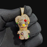 14K Gold Iced Out Voodoo Bear Pendant | CZ Diamond Hip Hop Necklace | Stitched Doll Bling Charm with Free 22β24" Chain